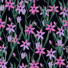 Seamless pattern with hand-drawn pink-lilac abstract flowers on a black background.Pattern for fabric,packaging, wrapping paper, cards and other materials.