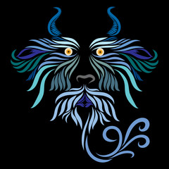 abstract shaggy head of a monster with horns of a tribal wild fairy tale creature fantasy animal of turquoise colors on a black background with graceful lines of a tattoo