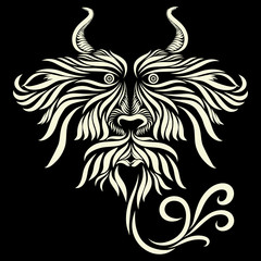 abstract shaggy head with horns of a tribal wild fairy tale substance fantasy white animal on a black background with elegant tattoo lines