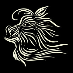 abstract shaggy muzzle of a tribal wild fairy tale creature fantasy animal of white flowers on a black background with elegant tattoo lines