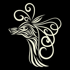 abstract head of an antelope tribal wild fairy tale creature fantasy animal of white colors on a black background with elegant tattoo lines