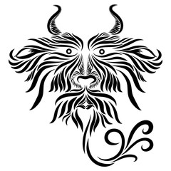 abstract shaggy with horns muzzle tribal wild predatory fairy tale fantasy fantasy black animal on a white background with elegant tattoo lines
