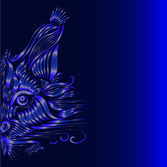 abstract muzzle of a predatory lynx of lilac color on a purple and blue background, graceful lines of a tattoo, piercing eyes