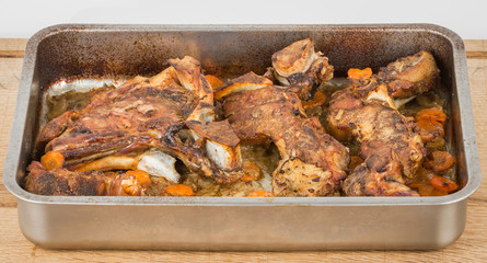 Veal slowly baked in the oven on the bed of onions, carrots and spices.