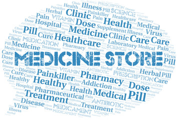 Medicine Store word cloud collage made with text only.