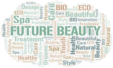 Future Beauty word cloud collage made with text only.