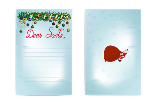 Christmas wish list. Front and back side. Inscription: Dear Santa. Images of a Christmas garland and Santa Claus carrying a large bag of gifts. Vector illustration in cartoon style.