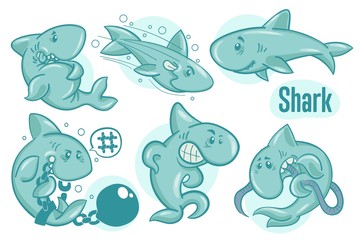 Set of hand drawn cartoon sharks. Sea life illustration. Vector.
