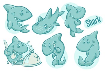 Set of hand drawn cartoon sharks. Sea life illustration. Vector.