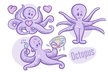 Set of cartoon hand-drawn octopus. Sea life illustration. Vector.