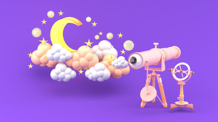 The telescope is surrounded by stars, moon and clouds on a purple background.-3d rendering.