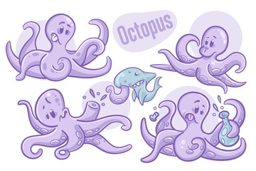 Set of cartoon hand-drawn octopus. Sea life illustration. Vector.