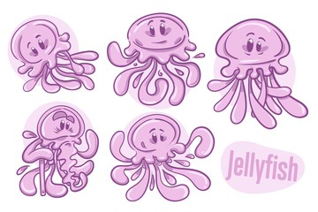 Set of hand drawn cartoon jellyfishes. Sea life illustration. Vector.