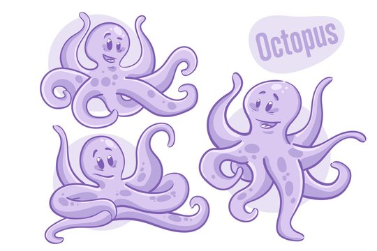 Set of cartoon hand-drawn octopus. Sea life illustration. Vector.