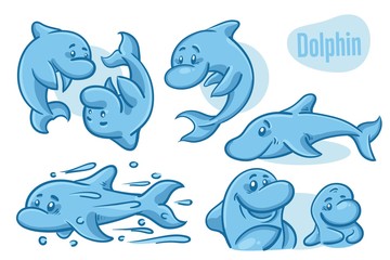 Set of hand drawn cartoon dolphins. Sea life illustration. Vector.