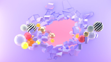 The wall collapses with many colorful balls on the pink background.-3d rendering.