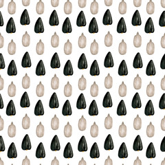 Seamless pattern with sunflower seeds isolated on white background. Watercolor gouache hand drawn illustration in realistic style. Nutritious vegan food, salty snack. Concept of production, oil.