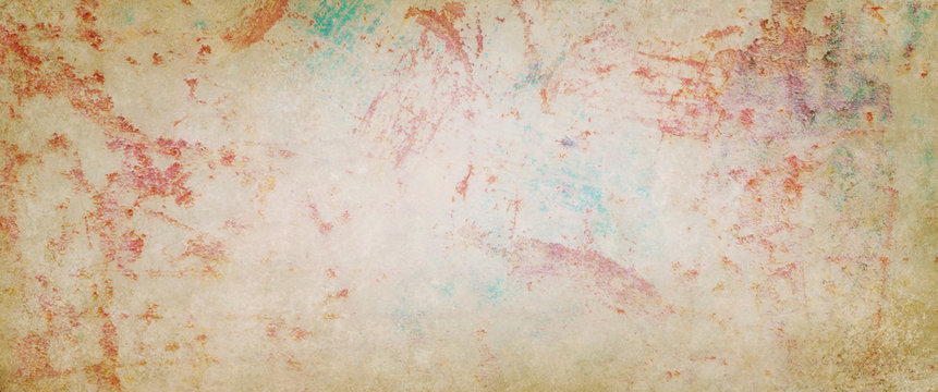 Vintage background with rusted peeling paint on damaged metal, antique shabby distressed paper or banner design with abstract texture and grunge pattern in red off white beige and blue green colors