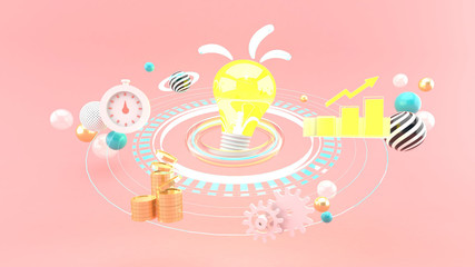 The lIncandescent lamp is surrounded by a light ring. Stopwatch, golden coin and business graph on a pink background.-3d rendering.