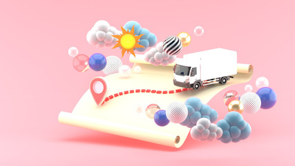 Delivery car on the map in the midst of clouds and colorful balls on a pink background.-3d rendering.