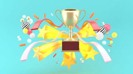 Champion cup amidst ribbons and stars on a blue background.-3d rendering.