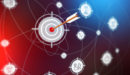 Obraz premium Achieving goals. Illustration with arrow hitting target on color gradient background with business related icons