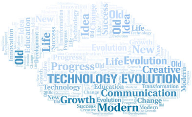 Technology Evolution word cloud collage made with text only.