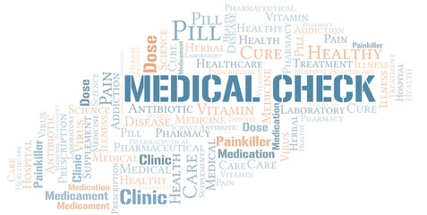 Fototapeta na wymiar Medical Check word cloud collage made with text only.