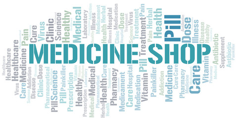 Fototapeta premium Medicine Shop word cloud collage made with text only.