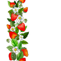 Border with strawberry, leaves and flowers on white background. Copy space. Seamless vertical brush with berries for design menu, label. Vector stock illustration.