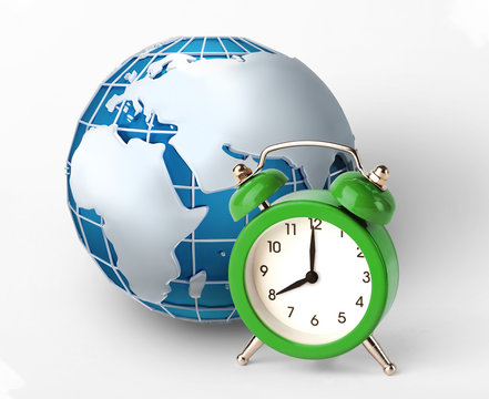 World timezones concept. Green alarm clock and world globe on white background, collage