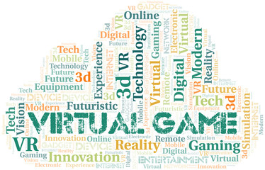 Virtual Game word cloud collage made with text only.