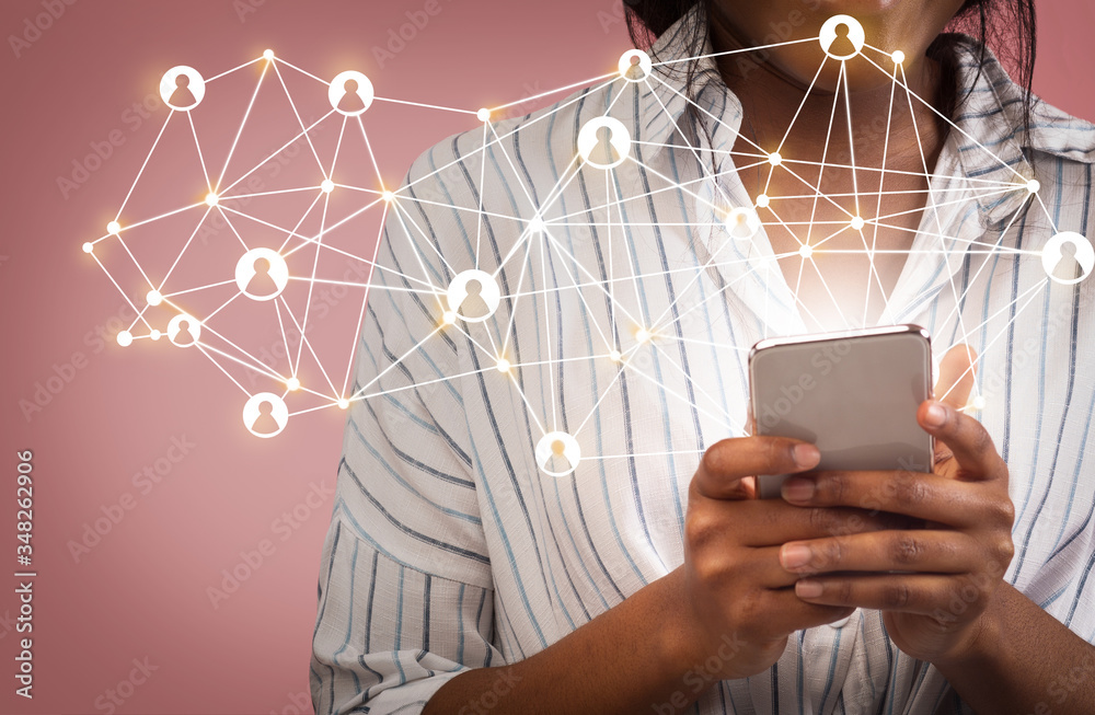 Poster African American girl using global network or data customer connection on cellphone. Collage with web icons