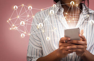 African American girl using global network or data customer connection on cellphone. Collage with web icons