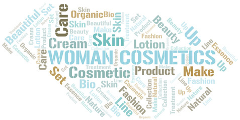 Woman Cosmetics word cloud collage made with text only.