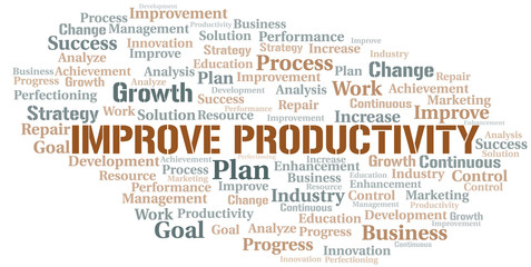 Improve Productivity word cloud collage made with text only.