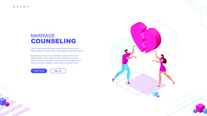 Trendy flat illustration. Man and woman connect the two halves of a broken heart. Marriage counceling page concept. Family psychologist. Template for your design works. Vector graphics.