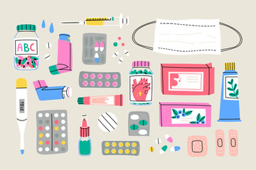 Various Medical equipment: Drugs, pills, capsules, inhaler, tube, spray, mask, patch, syringe, bottles . Medicine, pharmacy, hospital, drug store concept. Hand drawn Vector set. Isolated illustrations