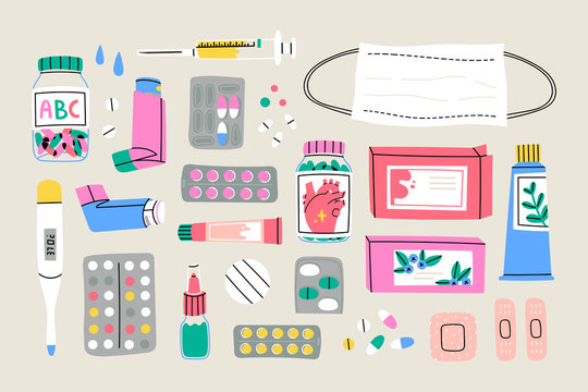 Various Medical equipment: Drugs, pills, capsules, inhaler, tube, spray, mask, patch, syringe, bottles . Medicine, pharmacy, hospital, drug store concept. Hand drawn Vector set. Isolated illustrations