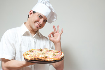 portrait cook with pizza on a light background