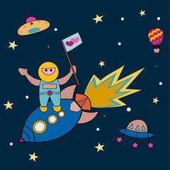 Fototapeta premium A astronaut stand on rocket and in hand hold the love flag on space background.