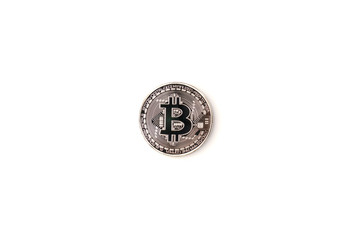 Silver bitcoin with light effected isolated on white background