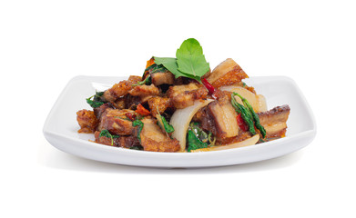 Stir-fried crispy pork belly and basil leaves isolated on white background with clipping path, Kao Pad Kra Prao Moo Krob. Popular food for Thai people.