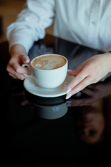 Coffee drink table hands skin cappuccino latte black background breakfast coffee time break cafe paint draw 