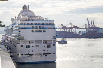 Modern white Princess Cruises cruiseship or cruise ship liner Island Princess arrival into port of...