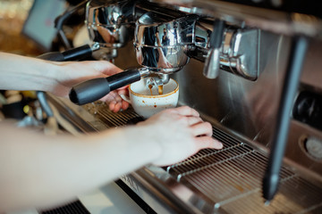 Coffee prepare barista hands cappuccino latte sink coffee machine cafe coffee time breakfast 