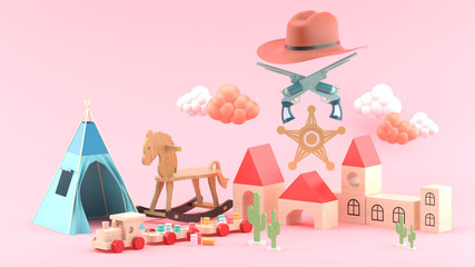 Cowboy hats, toy guns and sheriff badge surrounded by wooden toys, wooden horses and cloth tents on a pink background.-3d rendering..