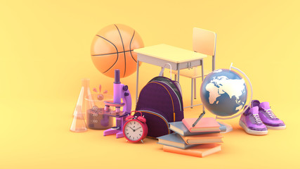 School bags, books, microscopes, science test tubes, globes, basketballs, sneakers and study tables on an orange background.-3d rendering..