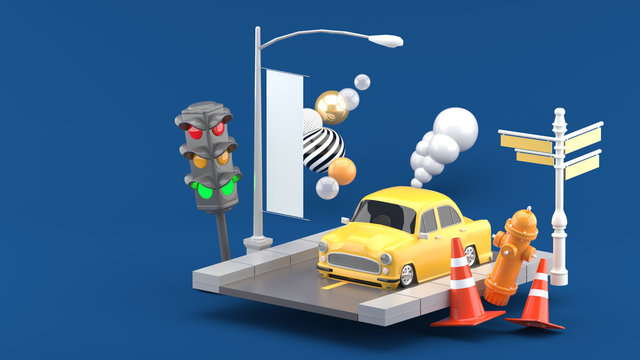 The car is on the road, surrounded by light poles, Traffic light, road cones and fire sprinklers on a blue background.-3d rendering..