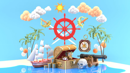 The boat steering wheel is surrounded by Pirate ship, card chest, cannon and compass on the beach.-3d rendering..